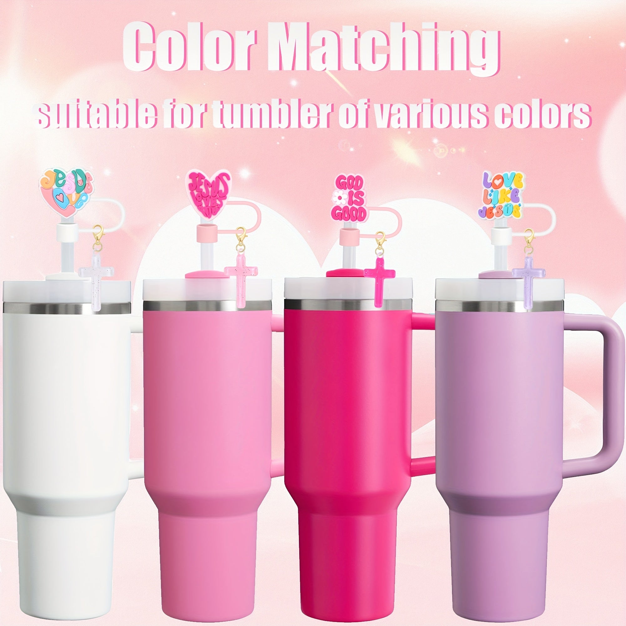 Shiny Pink Words Design Portable Straw Lid with Charm - Cup Tumbler Accessories - Beverage Cup Topper with Clip-On Bling Butterfly Ornament, 1.8in Diameter, Cute and Functional Sports Water Bottle
